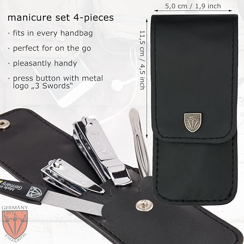 3 Swords Germany - Brand Quality 4 Piece Manicure Pedicure Grooming kit Set for Professional Finger & Toe Nail Care Tweezers File Clipper Fashion Leather case in Gift Box, Made by 3 Swords (77211)
