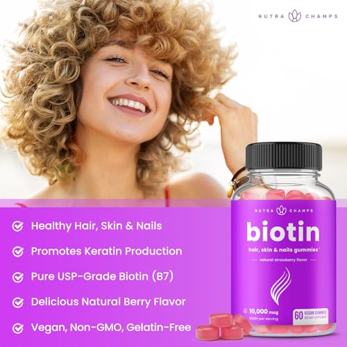 NutraChamps Biotin Gummies 10,000mcg [Highest Potency] for Healthy Hair, Skin & Nails for Adults & Kids - 5000mcg in Each Gummy Vitamin - Vegan, Non-GMO, Pectin-Based Hair Growth Supplement