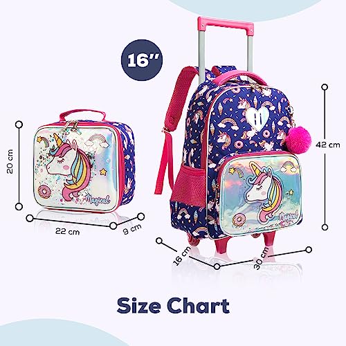 Eazy Kids - 16" Set of 3 Trolley School Bag Lunch Bag & Pencil Case Unicorn Chrome - Blue