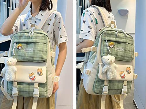 WVHTHVW 5Pcs Backpack School Book Bag Set,Canvas School Backpack Combo Set,Kawaii Bags Kawaii Bookbag Accessories Backpack Cute Aesthetic Backpack for School, Kawaii Girls Schoolbag-Black (Green)