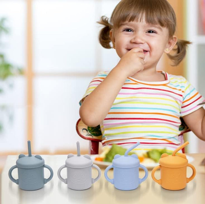 KASTWAVE Silicone Toddler Sippy Cups, Baby Training Cup 7 oz, Drinking Training Cup with Handles and Spout Lid for Baby with 2 Straws, 6 Months+ (Sky Blue)