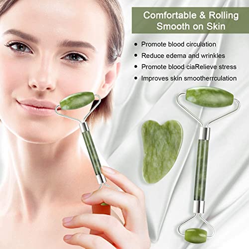 ELECDON Jade Roller for Face, Jade Roller and Gua Sha Set, 100% Real Natural Beauty Jade Facial Roller Massage Tool for Face Eyes Neck Body, for Reduces Eyes Puffiness Removes Wrinkles Skin Tightening