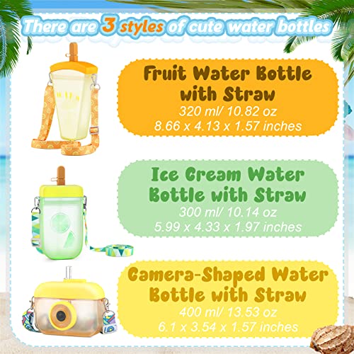 Honeydak 3 Pieces Cute Water Bottles with Straws Creative Kawaii Camera Shaped Ice Cream Bar Watermelon Adjustable Strap Plastic Water Bottle for Travel School Sport Kids (Fresh Style, Yellow)
