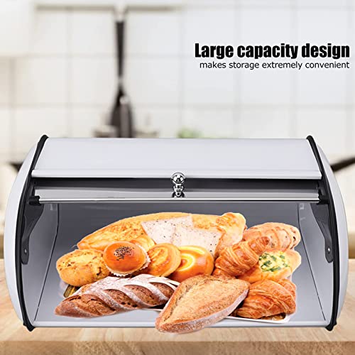 Airshi Metal Bread Box, Multi Purpose Bread Holder Large Capacity Sleek Mirror Finish Roll Top Bread Container with Clear Small Window for Kitchen Countertop, Island and Pantry (White)