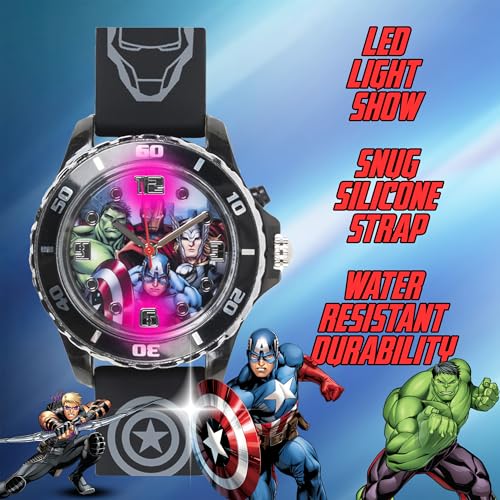 Marvel Avengers Adventure Analog Quartz Kids' Watch with Flashing LED Lights - Superhero Icons Band, Japanese Movement, Black