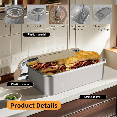 Angju Bakeable 304 Stainless Steel Bread Box for Homemade Bread, Portable Time Recording Bread Storage Container with Airtight Lid, Double Folding Handles Bread box for Kitchen Countertop, Bun, Bagel