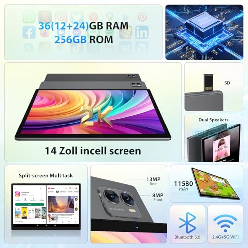 FASTWD Tablet 14 Inch Android 14 Tablet 5G WiFi/Octa-Core, 36GB RAM  256GB ROM (1TB TF), 11580mAh, Widevide L3,2000 x 1200HD, GPS,GMS,BT 5.0, Grey
