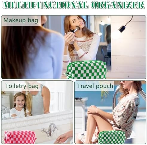 ZLFSRQ 3Pcs Checkered Makeup Bag for Women Large Cosmetic Bag Set Travel Toiletry Bag Makeup Pouch Bag for Purse Pink Zipper Storage Bag Organizer Cute Small Aesthetic Girls Car Essentials Bag