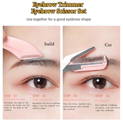 Paporich Eyebrow Trimmer Set Stainless Steel,Eyebrow Razor Eyebrow Scissors with Comb Beauty Tools, for Beginner Make Up Tool Hair Removal Accessories, for Men and Women (Pink, Pack of 3)