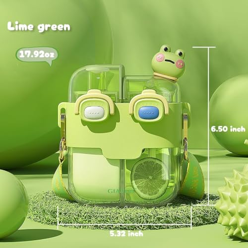 melala Kawaii Water Bottle, 530ml Kids Cute Water Bottles with Straw and Stickers Double Drinking Water Bottle Portable Leakproof Water Bottles for Outdoor School Travel (Green)