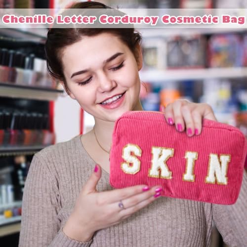 Pinkunn 4 Pcs Preppy Makeup Bags Christmas Chenille Letter Bag Face Skin Hair Stuff Cosmetic Bag Corduroy Makeup Pouch with Zipper Birthday Gifts for Women(Purple, Pink, White, Blue,Corduroy)