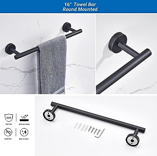 MIXDE 6 PCS Bathroom Hardware Set, MIXDE Stainless Steel Round Wall Mounted - Includes 16" Hand Towel Bar, Towel Ring,Toilet Paper Holder, 3 Robe Towel Hooks,Bathroom Accessories Kit(Matte Black)