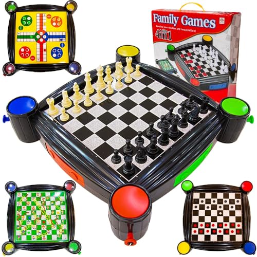 UKR 4 in 1 Family Board Games Set For Kids And Adults Chess Checkers Ludo Snakes and Ladders Compact Travel Set