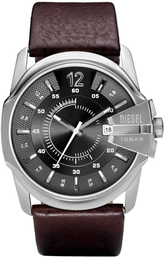 Men's Master Chief Three-Hand, 46 mm Case Size, Stainless Steel Watch with Leather Strap - Grey/Brown