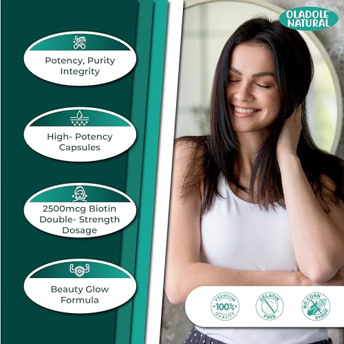 Oladole Natural Biotin 2500mcg - 60 Capsules | High Potency B Vitamin Blend For Stronger Hair, Radiant Skin, Long Nails, Supports Energy Beauty Support | Gluten-Free, Non-GMO