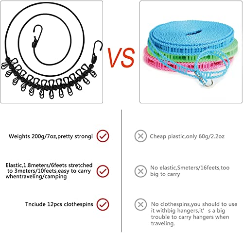 Vshinic Retractable Clothesline Travel Elastic Adjustable Clothes Lines Rope Laundry Camping Line Windproof Washing Line with Anti-skid 12pcs Clothespins