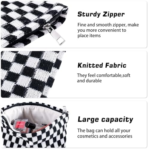 ZLFSRQ 3Pcs Checkered Makeup Bag for Women Large Cosmetic Bag Set Travel Toiletry Bag Makeup Pouch Bag for Purse Pink Zipper Storage Bag Organizer Cute Small Aesthetic Girls Car Essentials Bag