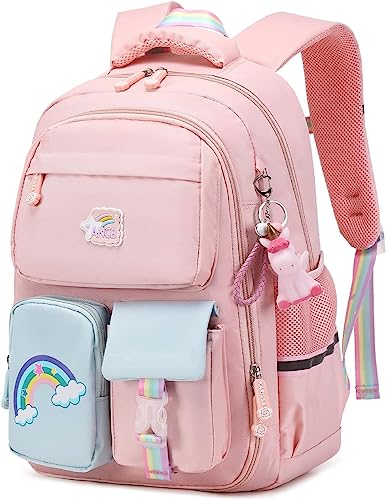 Azonee Backpack for Girls, Wide Open Elementary Primary Middle School Bags with Many Compartments, Safety Reflective Strip, Waterproof, Large Capacity, for Kids, Teens, Pink