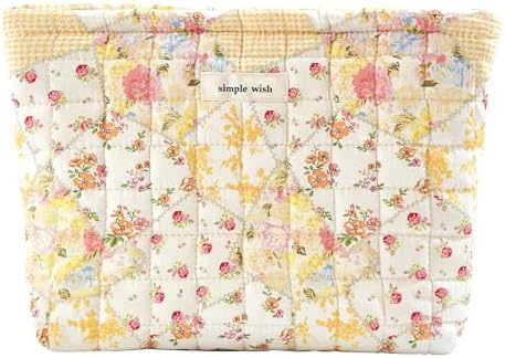 Sminra Floral Makeup Bag Large Cotton Quilted Cosmetic Makeup Bag Organizer, Aesthetic Portable Pouch Purse Toiletry Bag for Women Girls Travel accessories(Blue Floral-L)