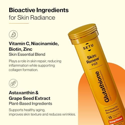 Setu Skin Renew Glutathione Tablets for Glowing Skin | 30 Effervescent Tablets with 500mg L-Glutathione & Vitamin C | Sugar-free Antioxidant & Skin Glow Supplement for Clear Skin | Orange (Pack of 2)