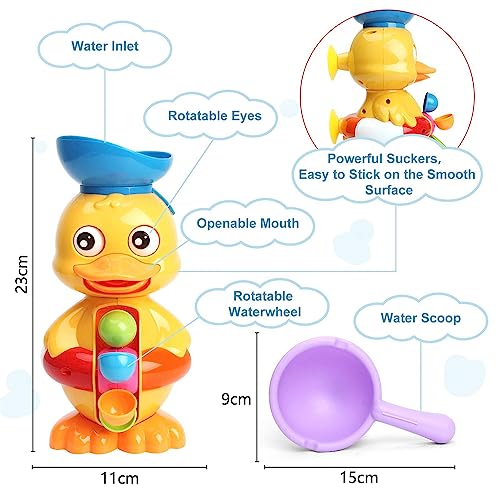 Joyzzz Bath Toys for Kids, Duck Bathtub Toys with Water Scoop, Strong Suckers Bathtub Toys for Kids with Eyes and Rotatable Waterwheel, Toddler Bath Toys for Boys Girls 1-4 Years, Shower Gift