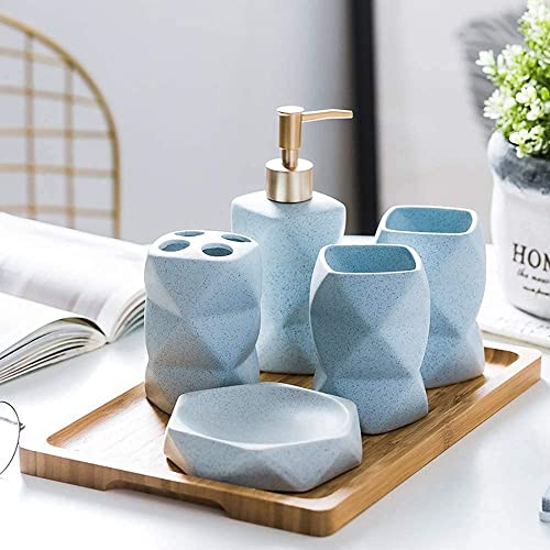 4 Pieces Bathroom Accessories Set Matte Ceramic Diamond Pattern Bath Ensemble Bath Set Collection Soap Dispenser Pump -Toothbrush Holder - Tumbler - Soap Dish (Pink), (Without the Tray)