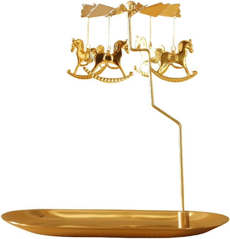Creahaus Rotating Candle Holder with Tray, Gold Candle Spining Metal Holder for Christmas, Valentine's Day, Party Table Decor, Gift (Gold Carousel)