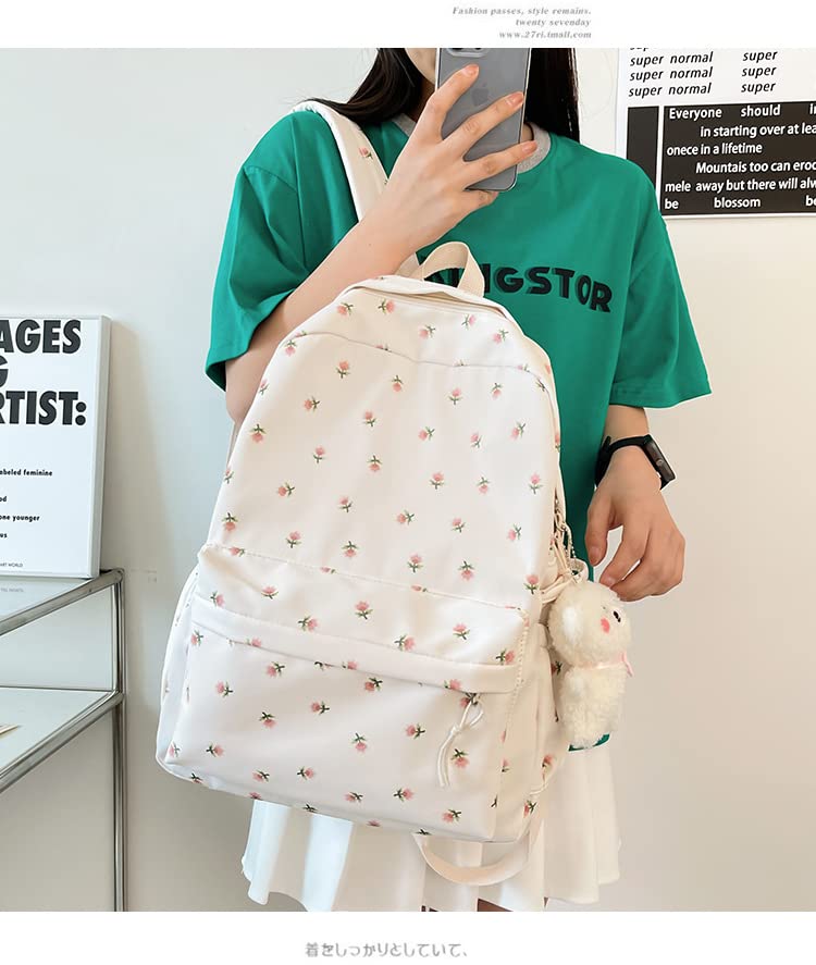 MININAI 2024 Kawaii Floral Print Backpack with Pendant Preppy Backpack Cottagecore Bag Coquette Aesthetic Backpack Daypack