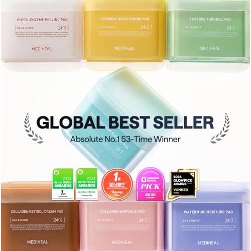 Mediheal Korean Vitamide Brightening Pad 100 Pads | Day & Night Treatment for Clear, Radiant Skin | Hypoallergenic with Niacinamide & Sea Buckthorn | Boosts Skin Tone & Glow