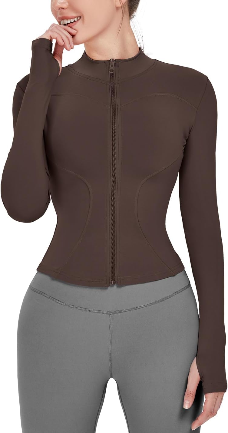 Women's Lightweight Stretchy Workout Full Zip Running Track Jacket with Thumb Holes - Dark Brown