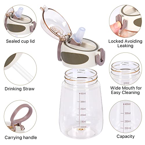 YOBOKO BPA Free Sports Water Bottle with Straw 14oz Bottle with Handle Wide Mouth 400ml Leak-Proof Straw Bottles for Boys,Girls,Adults (Grey)