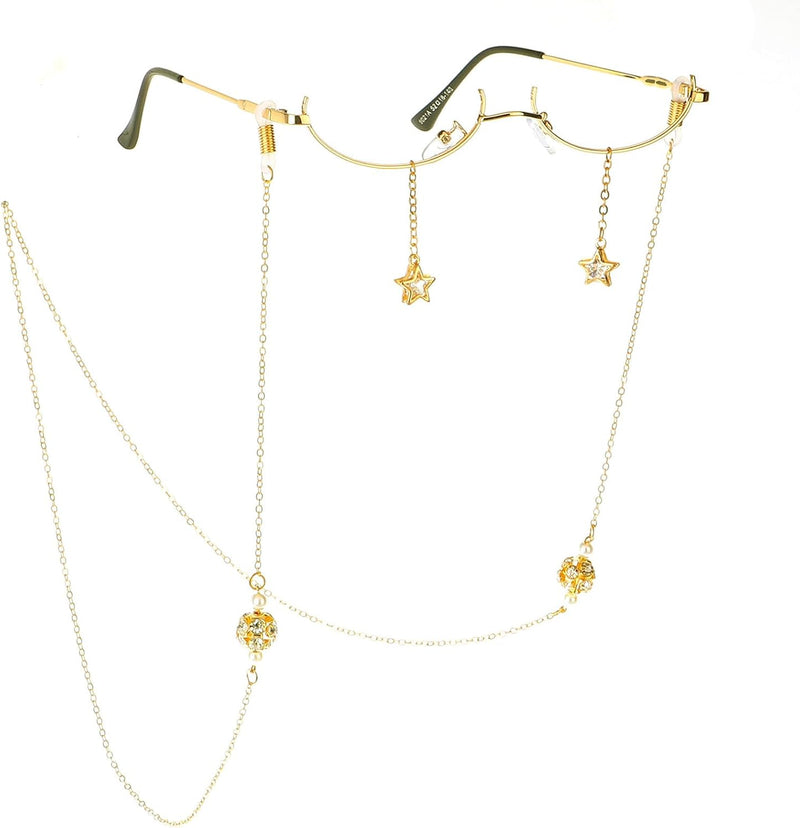 Golden Apple No Lens Half Frame Glasses Metal Crystal Rhinestone Sunglasses without Lens with Metal Lanyard Chain