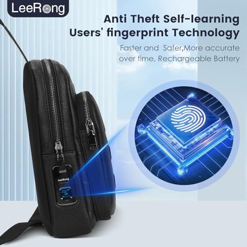 Fingerprint Unlock Anti Theft Proof Crossbody Bag, Leather Purse Waterproof Large Sling Bag for Men, Multi-pocket Backpack Bag for Travel, Black
