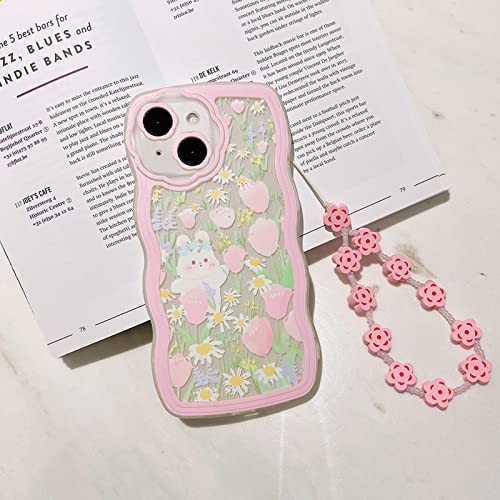 NITITOP Compatible for iPhone 13 Case, Cute Clear Cartoon Floral Rabbit with Heart Beaded Lanyard Wrist Strap for Women Girly, Soft TPU Full Protective Cover- Flower Rabbit