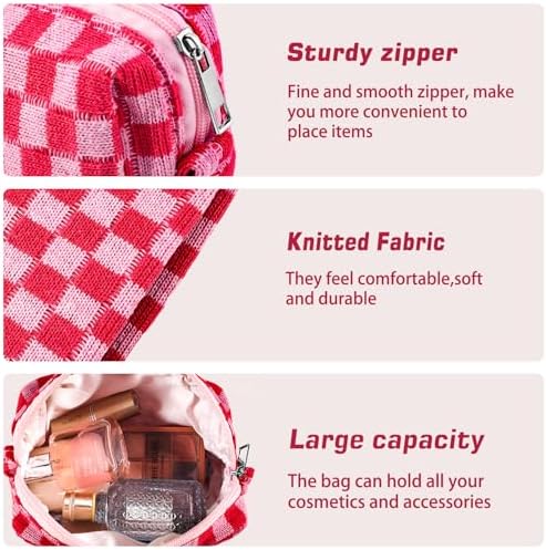 ZLFSRQ 3Pcs Checkered Makeup Bag for Women Large Cosmetic Bag Set Travel Toiletry Bag Makeup Pouch Bag for Purse Pink Zipper Storage Bag Organizer Cute Small Aesthetic Girls Car Essentials Bag