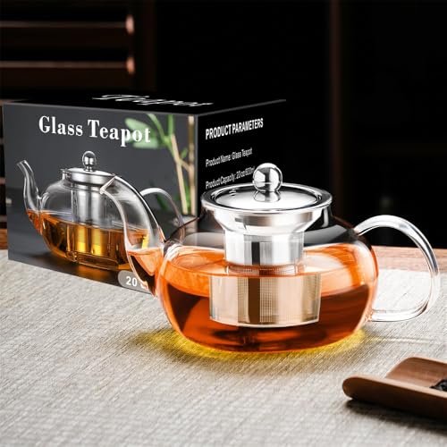 Azonee Glass Teapot Stovetop 20 OZ/600ml, Tea Pot with Removable 18/8 Stainless Steel Infuser, Borosilicate Clear Tea Kettle, Teapot Blooming and Loose Leaf Tea Maker