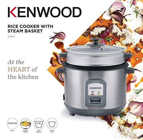 KENWOOD 2-in-1 Rice Cooker 2.8L 16-Cups Rice with Food Steamer Basket, Non-Stick Cooking Pot, Temepered Glass Lid, Warm/Cook Lights, Spatula Holder, Detachable Cord RCM71.000SS Silver