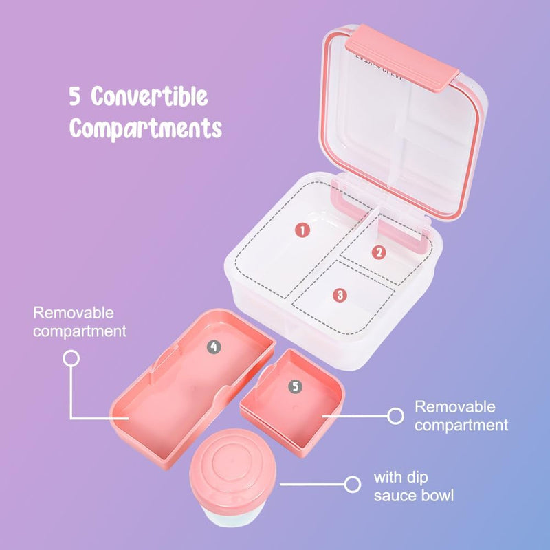 3/4/5 Compartment Convertible Bento Lunch Box with Gravy Bowl, Pink