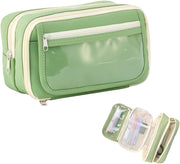 HANNEA Pencil Case, Large Capacity Pencil Pouch, 3 Compartments Pencil Bag with Clear Mesh Pockets, Students Stationery Organizer Pouch for School Office Supplies, Green