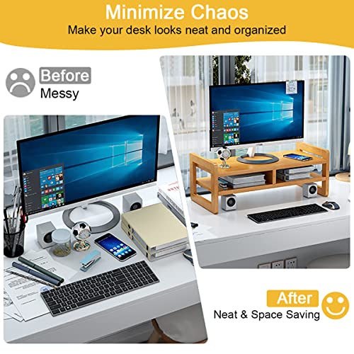 Cestbella Monitor Stand Riser 2 Tier Computer Monitor Stand Bamboo Desktop Stand with Storage Organizer PC Laptop TV Printer Monitor Stand Adjustable Height for Office and Home Use 51x17x15cm