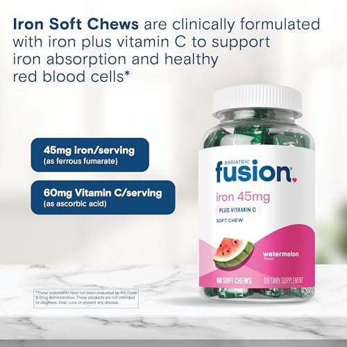 Bariatric Fusion Iron Soft Chew with Vitamin C | Watermelon Flavored | Iron Supplement Chewy Vitamin for Bariatric Patients Including Gastric Bypass and Sleeve Gastrectomy | 60 Count | 2 Month Supply