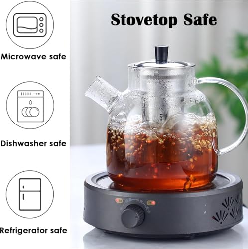 ORCHID MÂ® 1500ml(50oz) Large Round Glass Teapot with Removable, Borosilicate Heat Resistant Stovetop Safe Glass Tea Kettle Blooming for herbal tea,scented tea Stainless Steel Infuser Strainer
