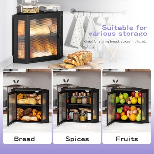 Wieghda Corner Bread box for Kitchen Countertop,Farmhouse Bread Box with Acrylic Wavy Door Panel,Large Bread box for kitchen countertop,Kitchen Countertop Food Storage Container (Black, Meduim)