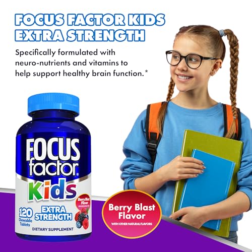Focus Factor Kids Extra Strength Daily Chewable for Brain Health Support, 120 Count â€“ Vitamins - Quality Formula â€“ Gluten & Dairy Free Supplements for Children â€“ No Artificial Sweetener