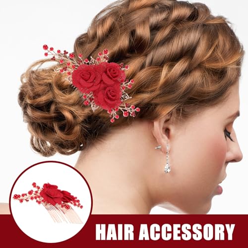 2 Pcs Red Hair Accessories, Gold Rose Bridal Side Combs Floral Rhinestone Pearl Vintage Decorative Crystal Emerald Headpiece Wedding Sparkly Accessory for Women