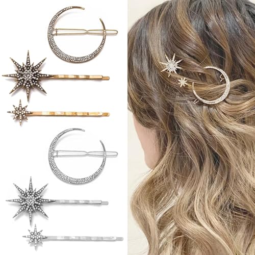 COOLive 6 Pieces Rhinestone Stars Moon Hair Clips Vintage Star Hairpins Crystal Decorative Bobby Pins Metal Alloy Hair Pins Snowflake Side Clip Hair Accessories for Women Girls (Silver, Gold)