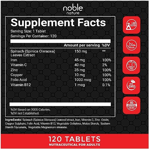 Noble Nature Iron with Folic Acid & Spinach Extract Supplement - 120 Tablets | Iron, Zinc, Vitamin C, Folic Acid & Vitamin B12 |