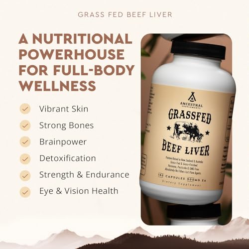 Ancestral Supplements Grass Fed Beef Liver Desiccated Natural Iron, Vitamin A, B12 for Energy (180 Capsules)
