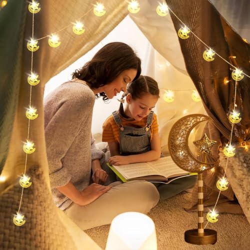 Goodern Ramadan Decorations Lights,Eid Mubarak Table Moon Lamp,Ramadan Kareem Crafts Night Light for Kids,Islamic Muslim Ornament Gifts,Gold Decorative Ramadan Lights with Moon Shape for Party Decor