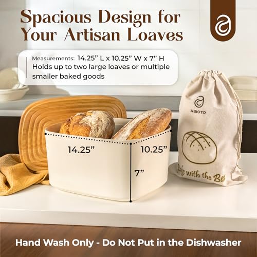 ABIOTO Modern Bread Box for Kitchen Counter Top with 2 Bread Bags (White) - Sturdy Modern Construction, Ribbed Design Keeps Bread Fresh Longer - Large Sourdough Bread Box with Cutting Board Lid